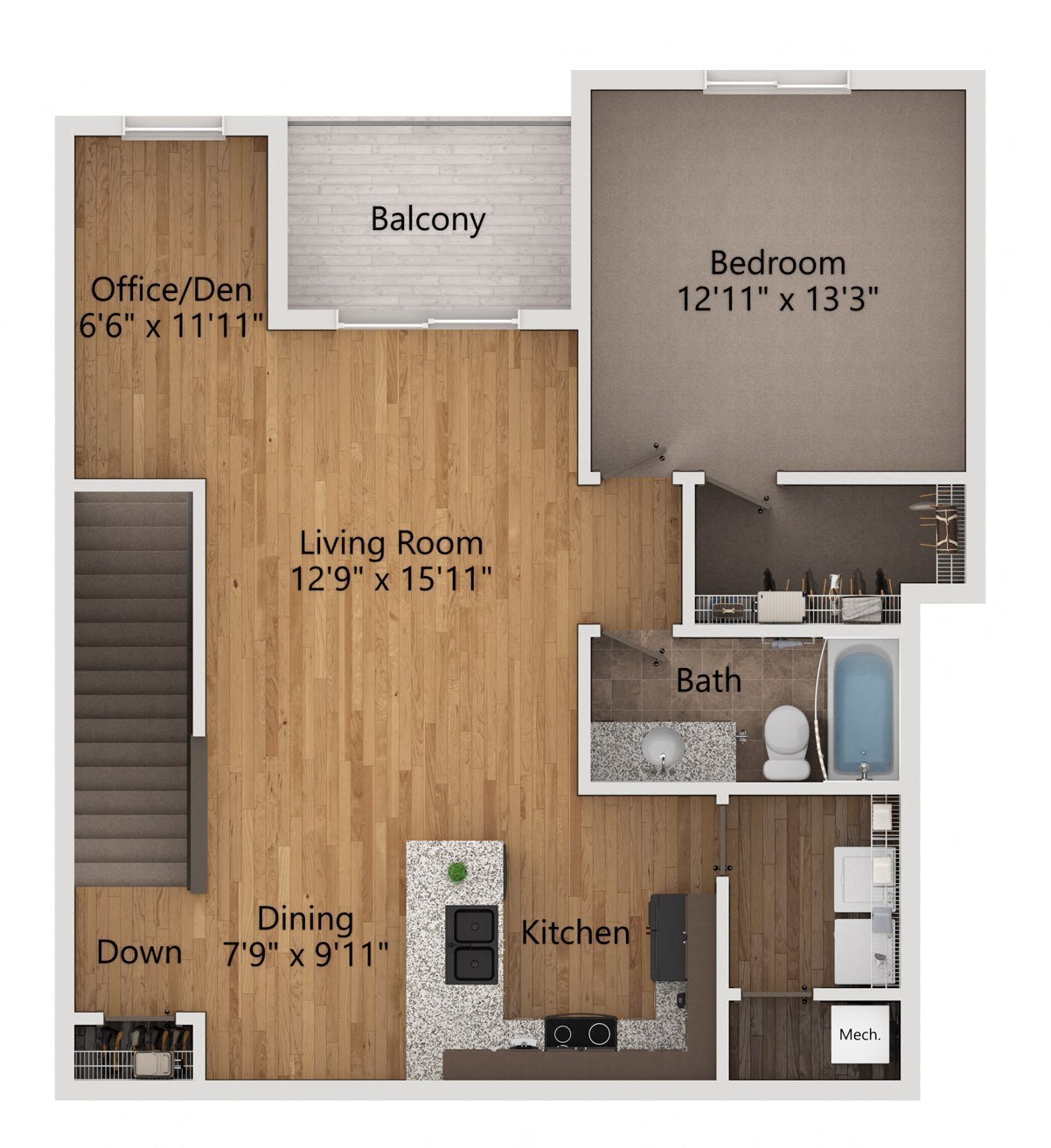 Floor plan for 1 bed, 1 bath, 896 sqft
